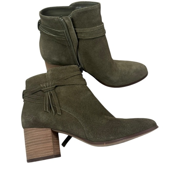 Violet & Red Dark Olive Fringe Side Zipper Ankle Block Heeled Boots- Size 8 - Picture 4 of 11